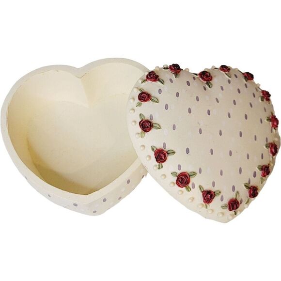 Vintage Large Heart Shaped Lidded Trinket Box With 3D Flowers Hand Painted - Picture 11 of 14